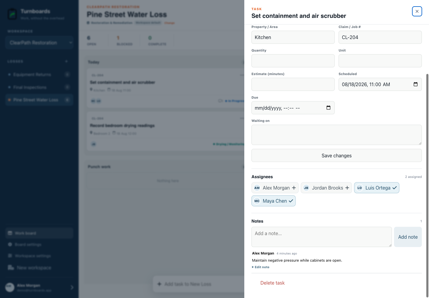 Assignments and notes together in the Turnboards Restoration web dashboard