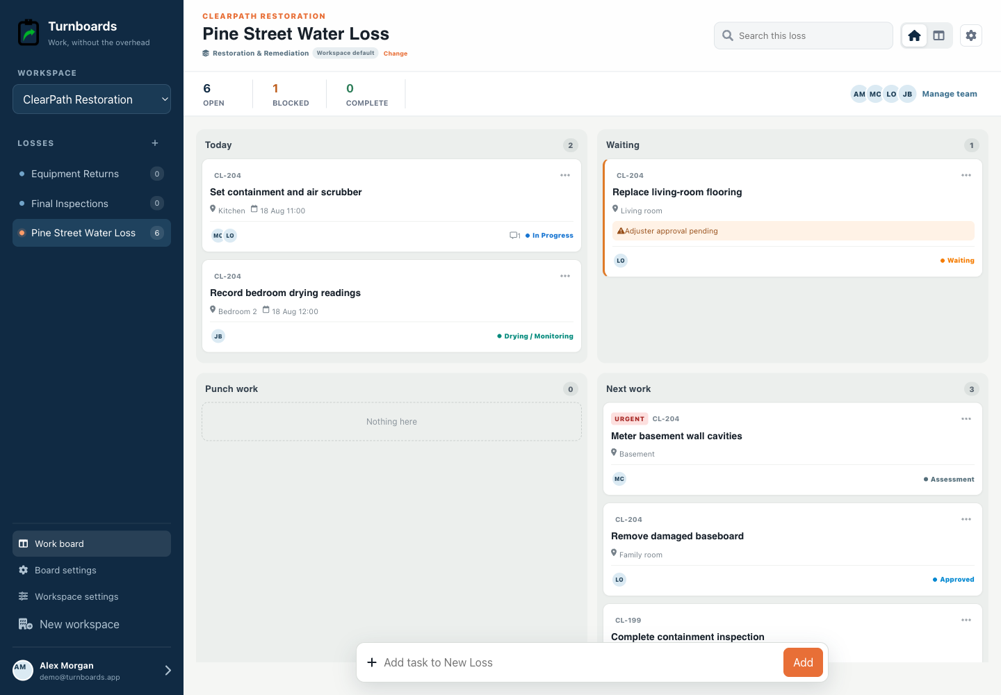 Restoration & Remediation Turnboards web dashboard with realistic seeded work