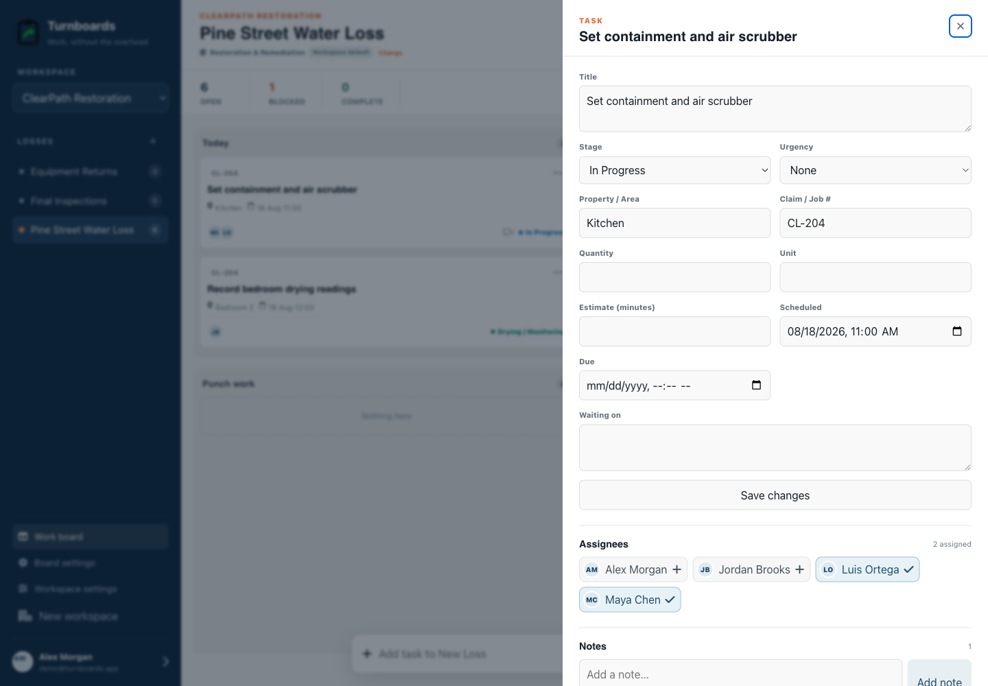 Task details without clutter in the Turnboards Restoration web dashboard