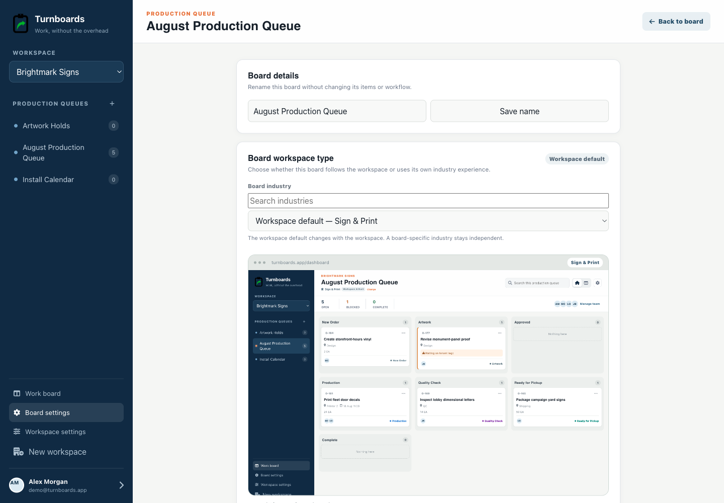 Production Queue industry controls in the Turnboards Sign print web dashboard