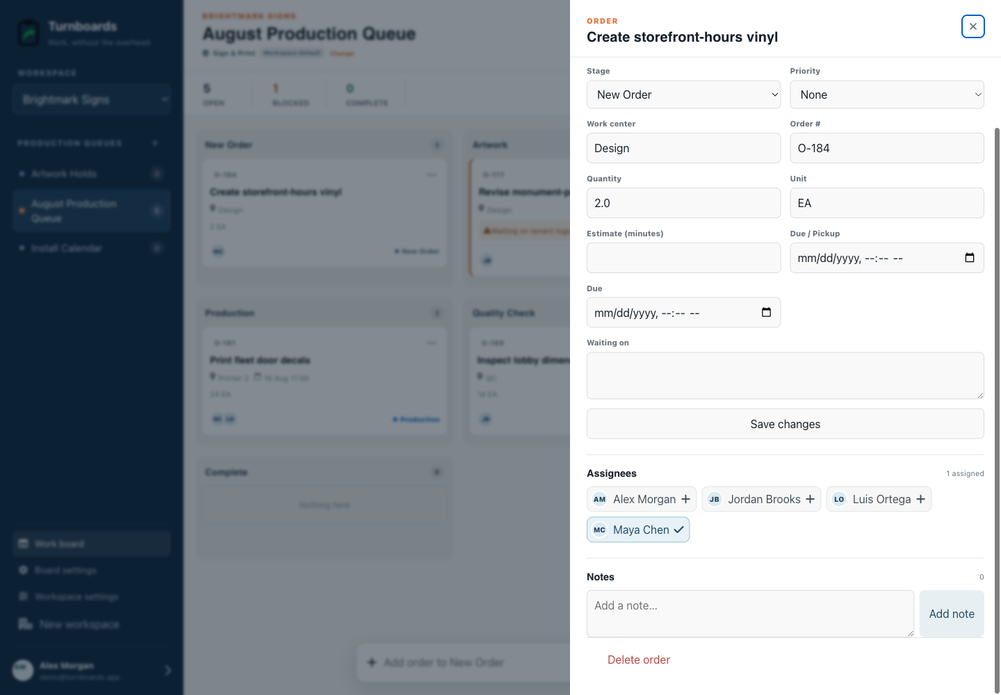 Assignments and notes together in the Turnboards Sign print web dashboard
