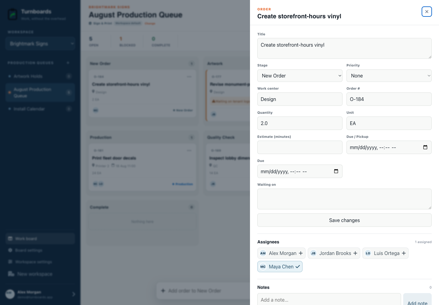 Order details without clutter in the Turnboards Sign print web dashboard