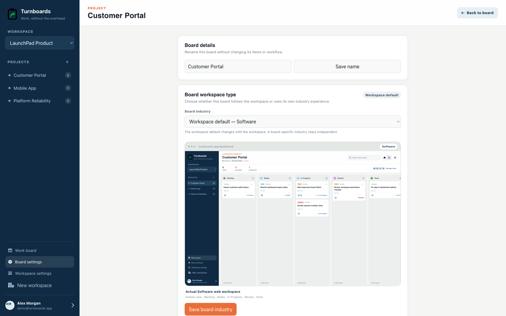 Project industry controls in the Turnboards Software web dashboard
