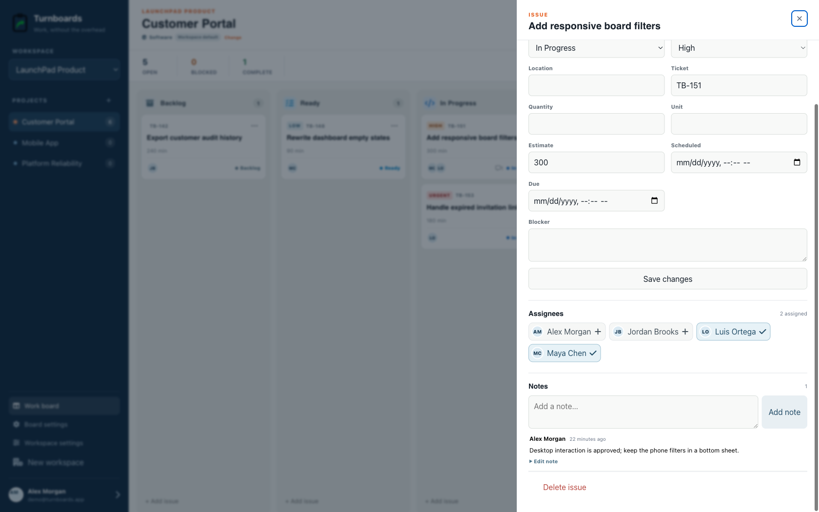 Assignments and notes together in the Turnboards Software web dashboard