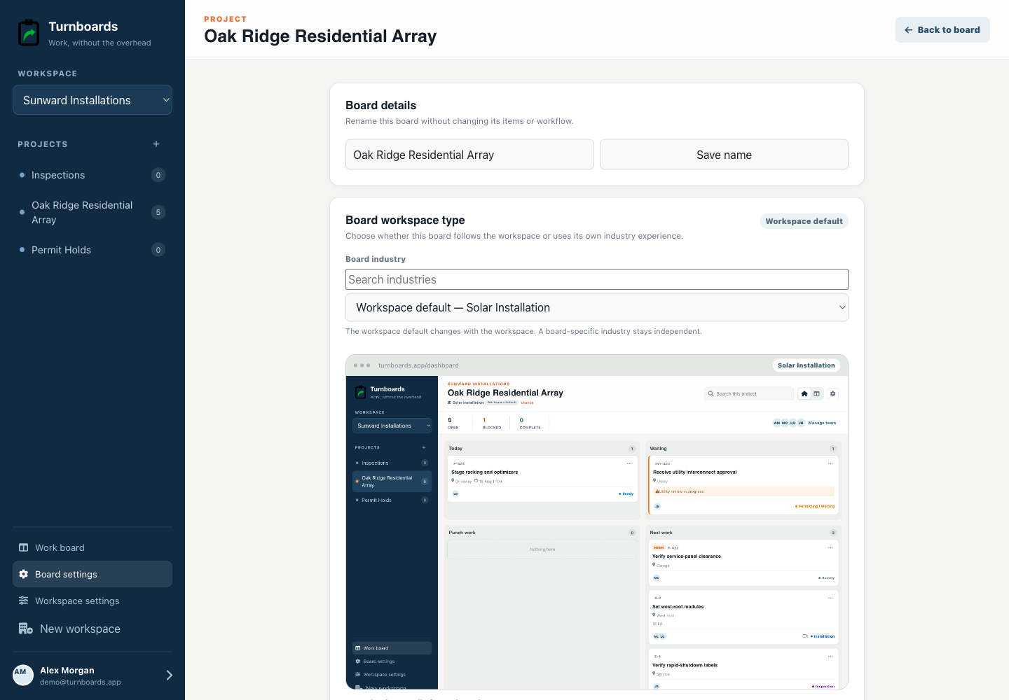 Project industry controls in the Turnboards Solar installation web dashboard