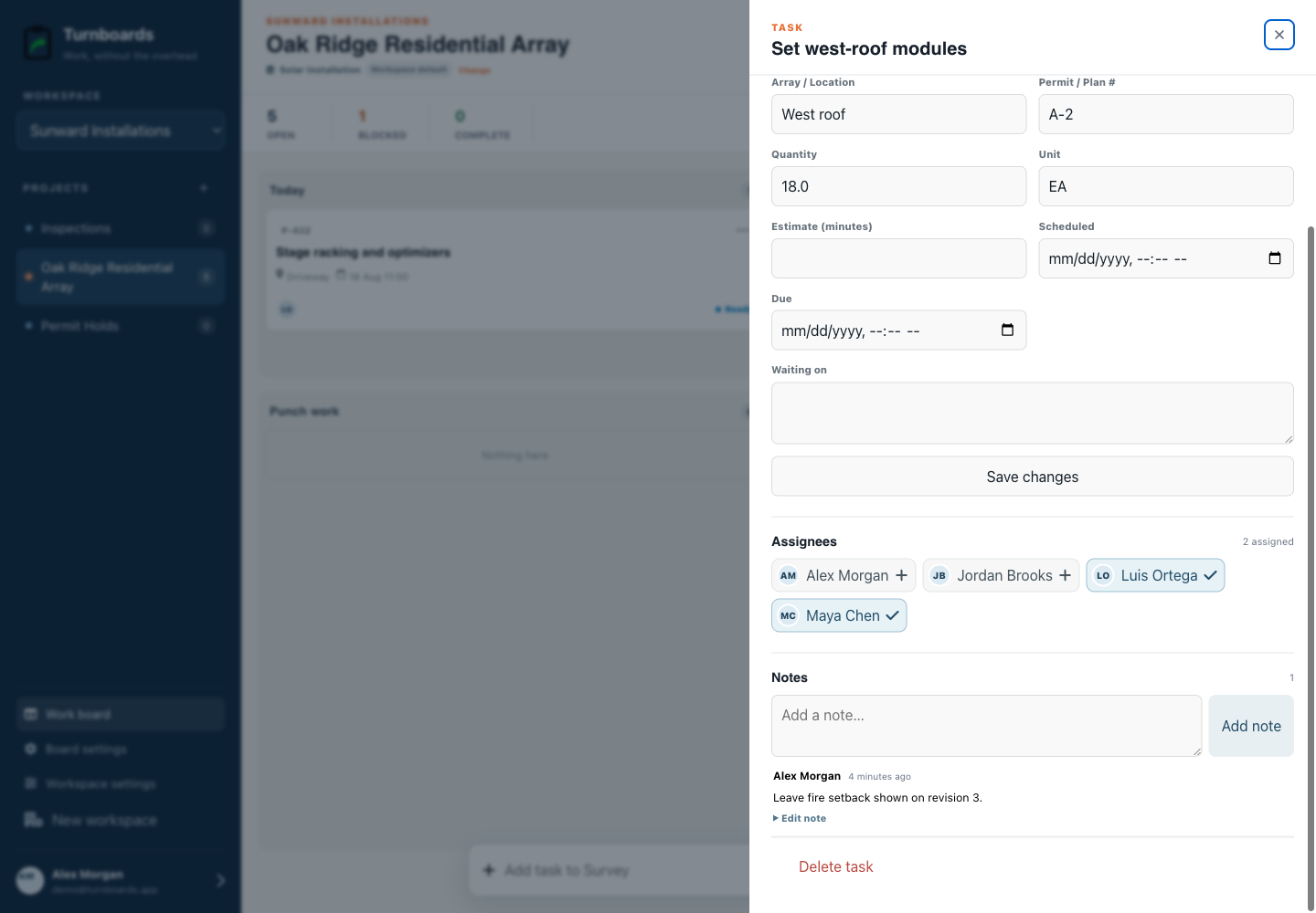 Assignments and notes together in the Turnboards Solar installation web dashboard