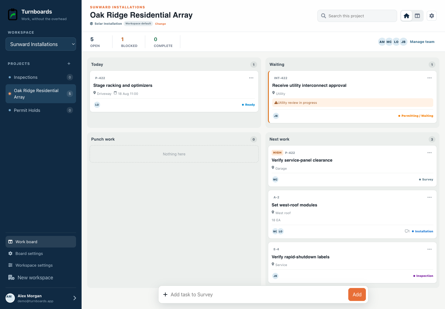 Solar Installation Turnboards web dashboard with realistic seeded work