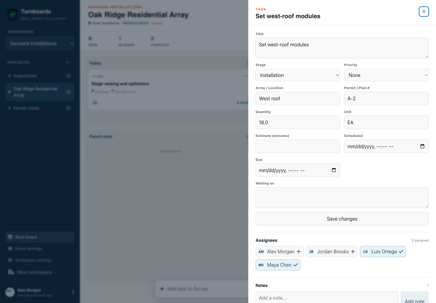 Task details without clutter in the Turnboards Solar installation web dashboard