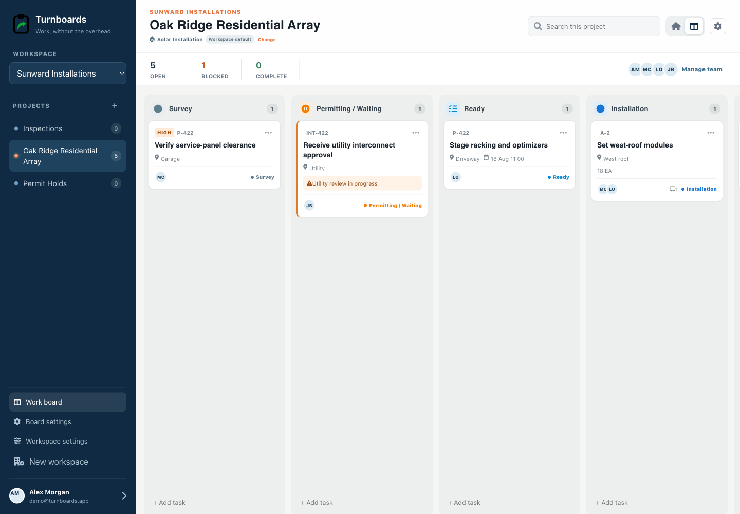 The complete Solar Installation workflow in the Turnboards Solar installation web dashboard