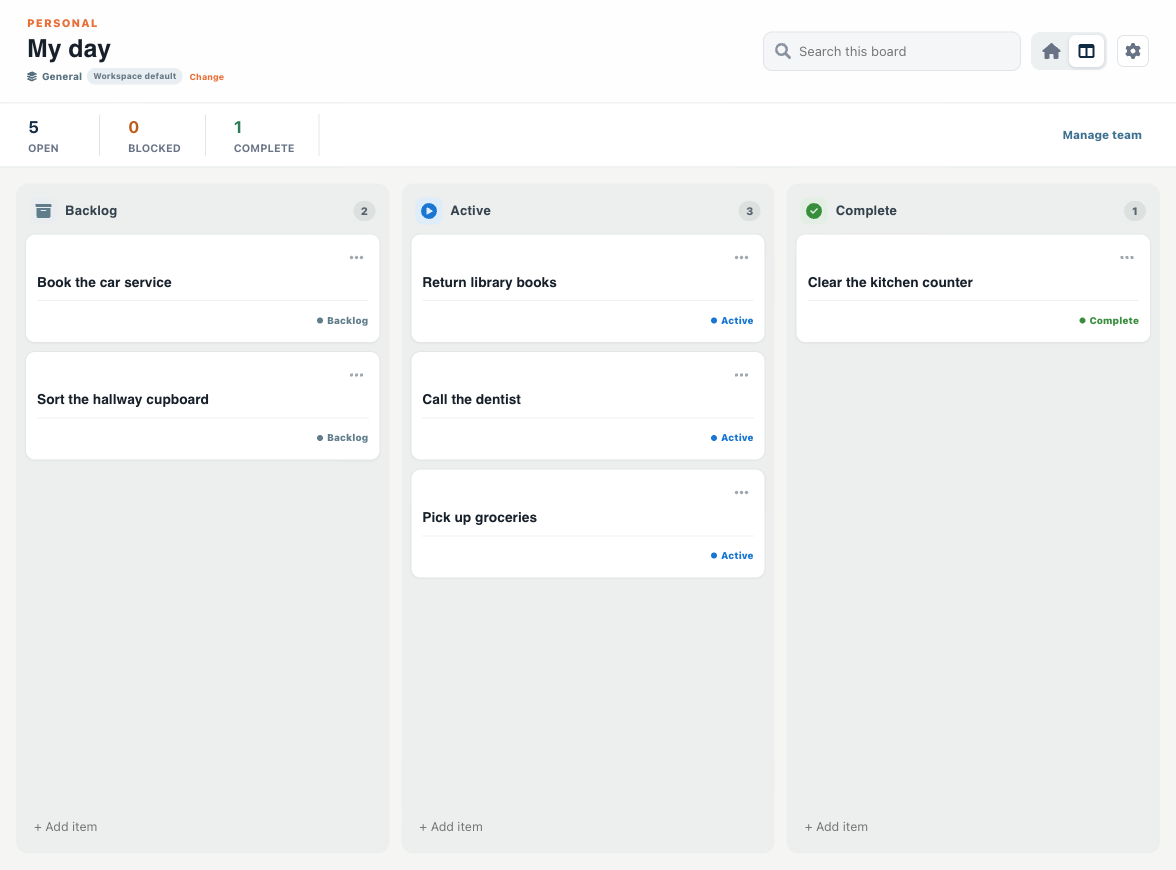 Turnboards personal task board with errands, a dentist appointment to arrange, household tasks, and completed items